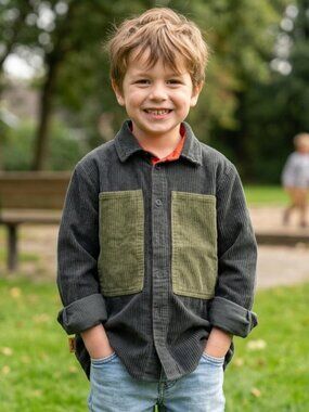Hebe Boys Shirt Green Corduroy Collared Long Sleeves Colorblock 100% Cotton 6